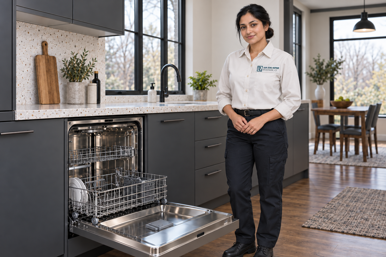 Fictional technician beside a Thermador dishwasher — AI illustration for Sub-Zero Repair Riverside