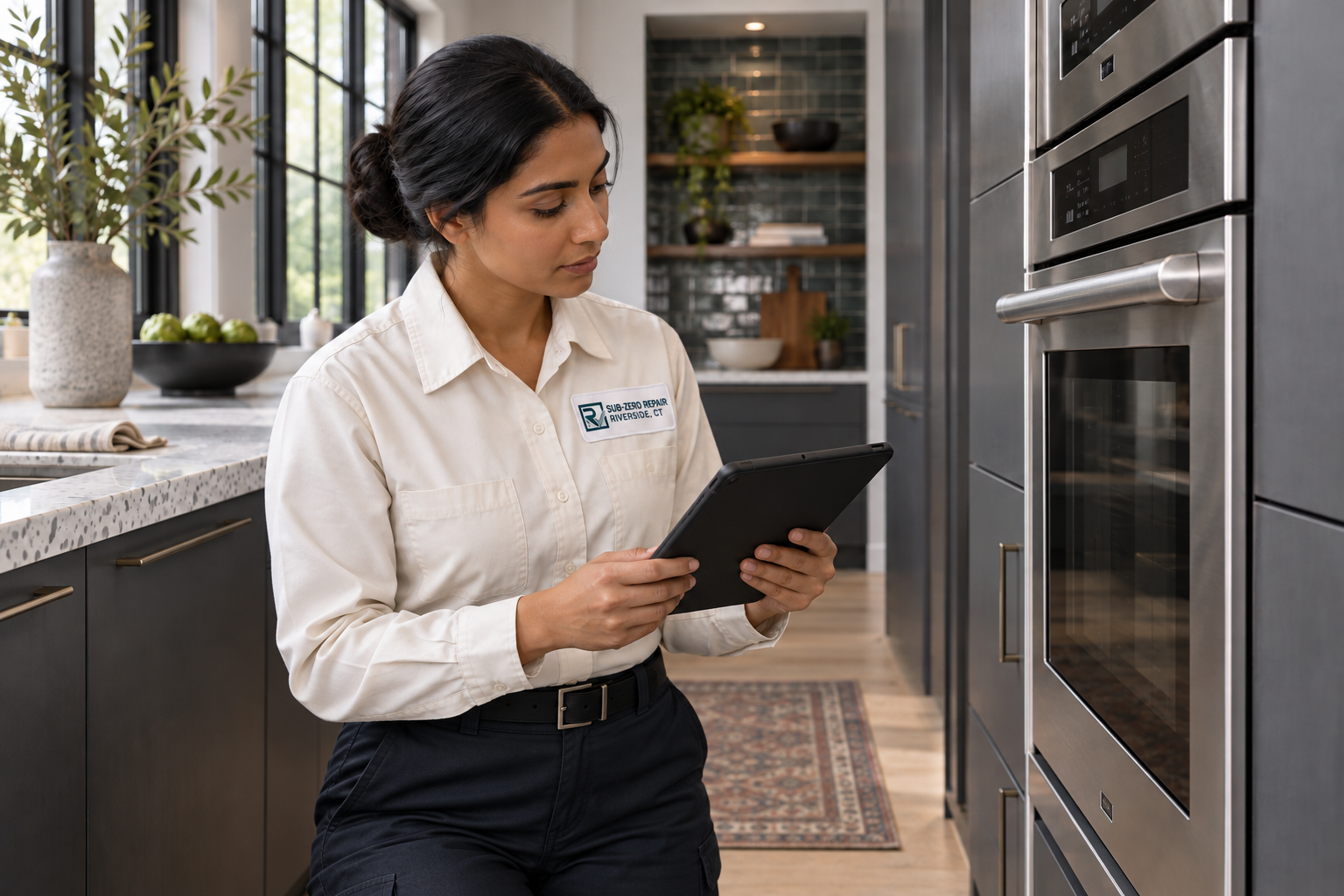 Fictional technician beside a Wolf oven — AI illustration for Sub-Zero Repair Riverside