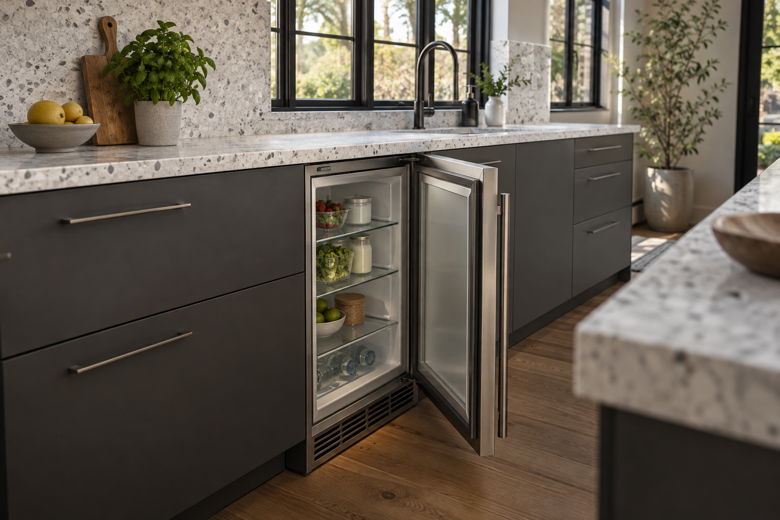 Illustrative Sub-Zero undercounter refrigerator in a residential kitchen — AI image for Sub-Zero Repair Riverside