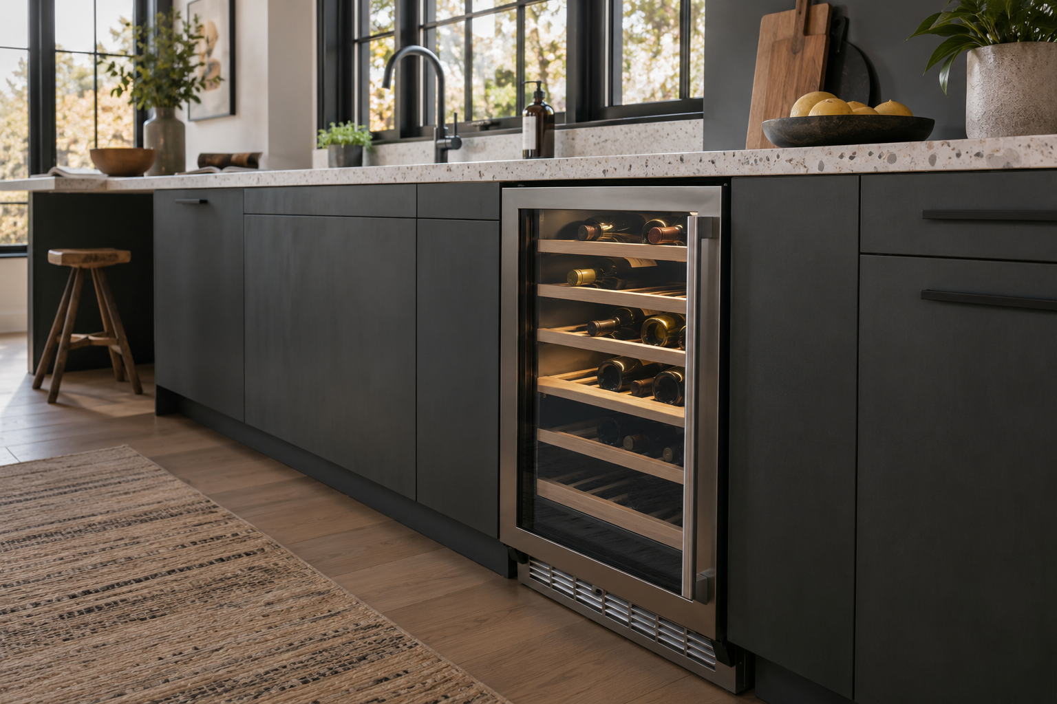 Illustrative Monogram wine cooler in a residential kitchen — AI image for Sub-Zero Repair Riverside