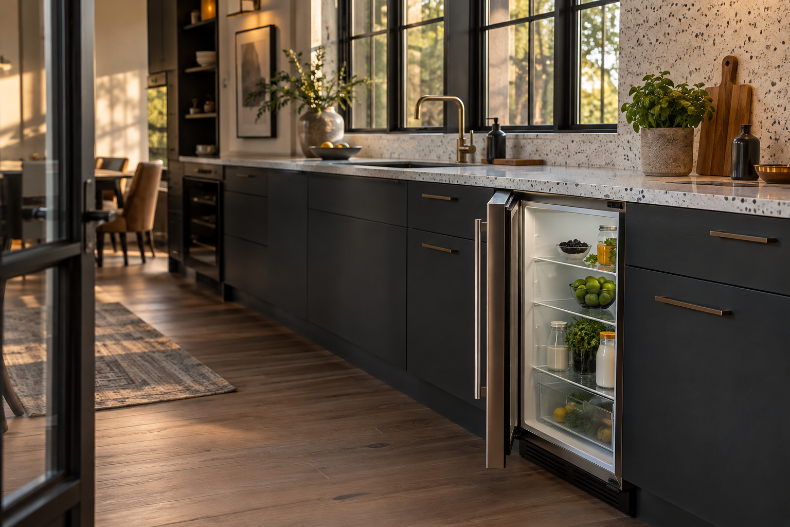 Illustrative Sub-Zero undercounter refrigerator in a residential kitchen — AI image for Sub-Zero Repair Riverside