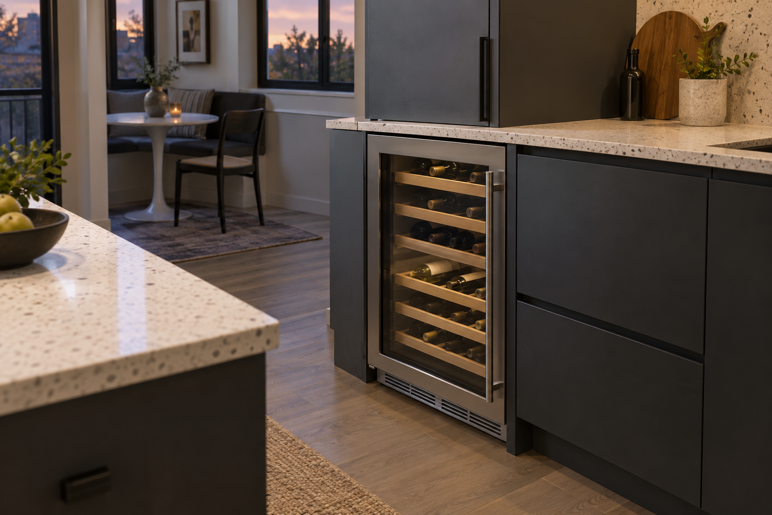 Illustrative Sub-Zero wine cooler in a residential kitchen — AI image for Sub-Zero Repair Riverside