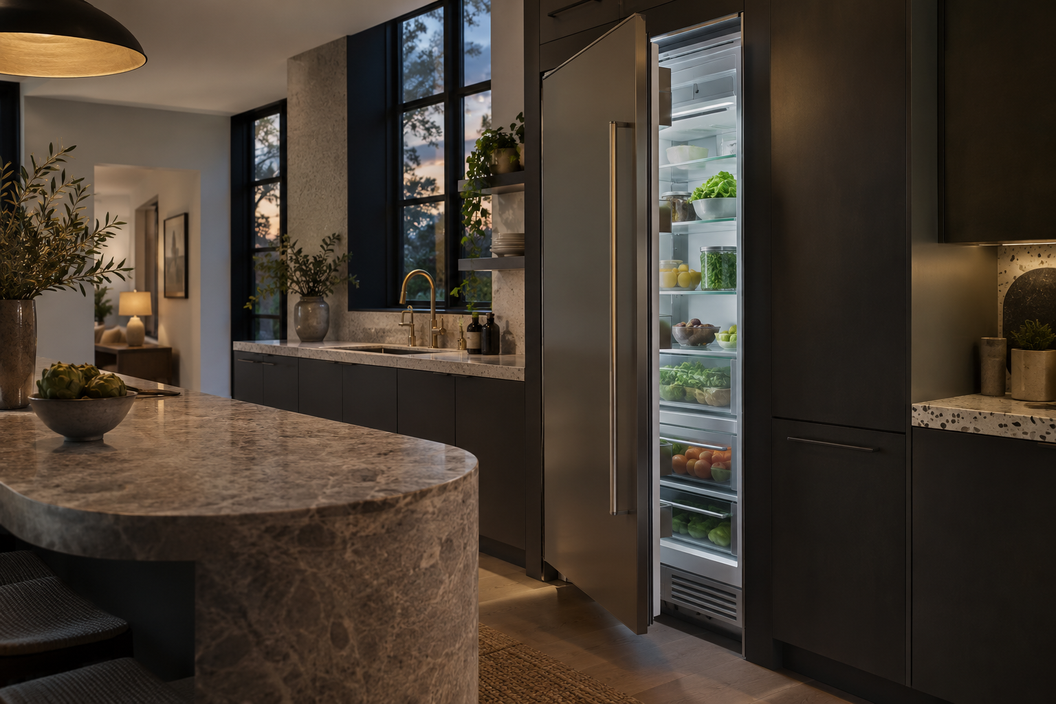 Illustrative Monogram refrigerator in a residential kitchen — AI image for Sub-Zero Repair Riverside