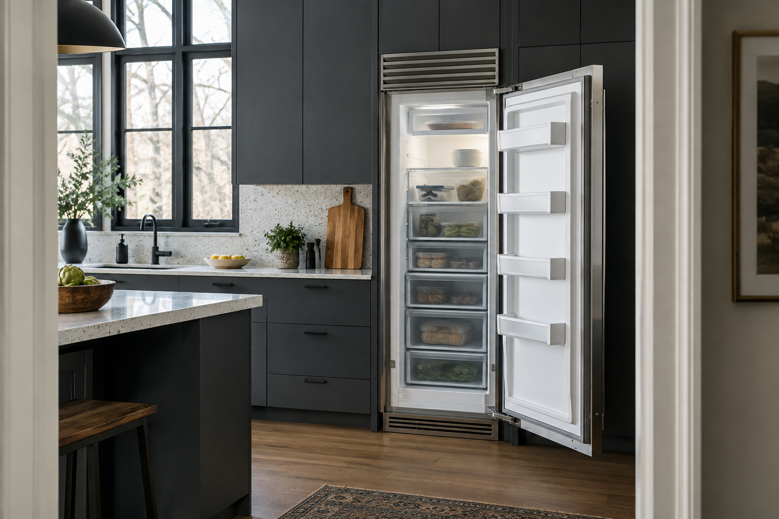 Illustrative Sub-Zero freezer in a residential kitchen — AI image for Sub-Zero Repair Riverside