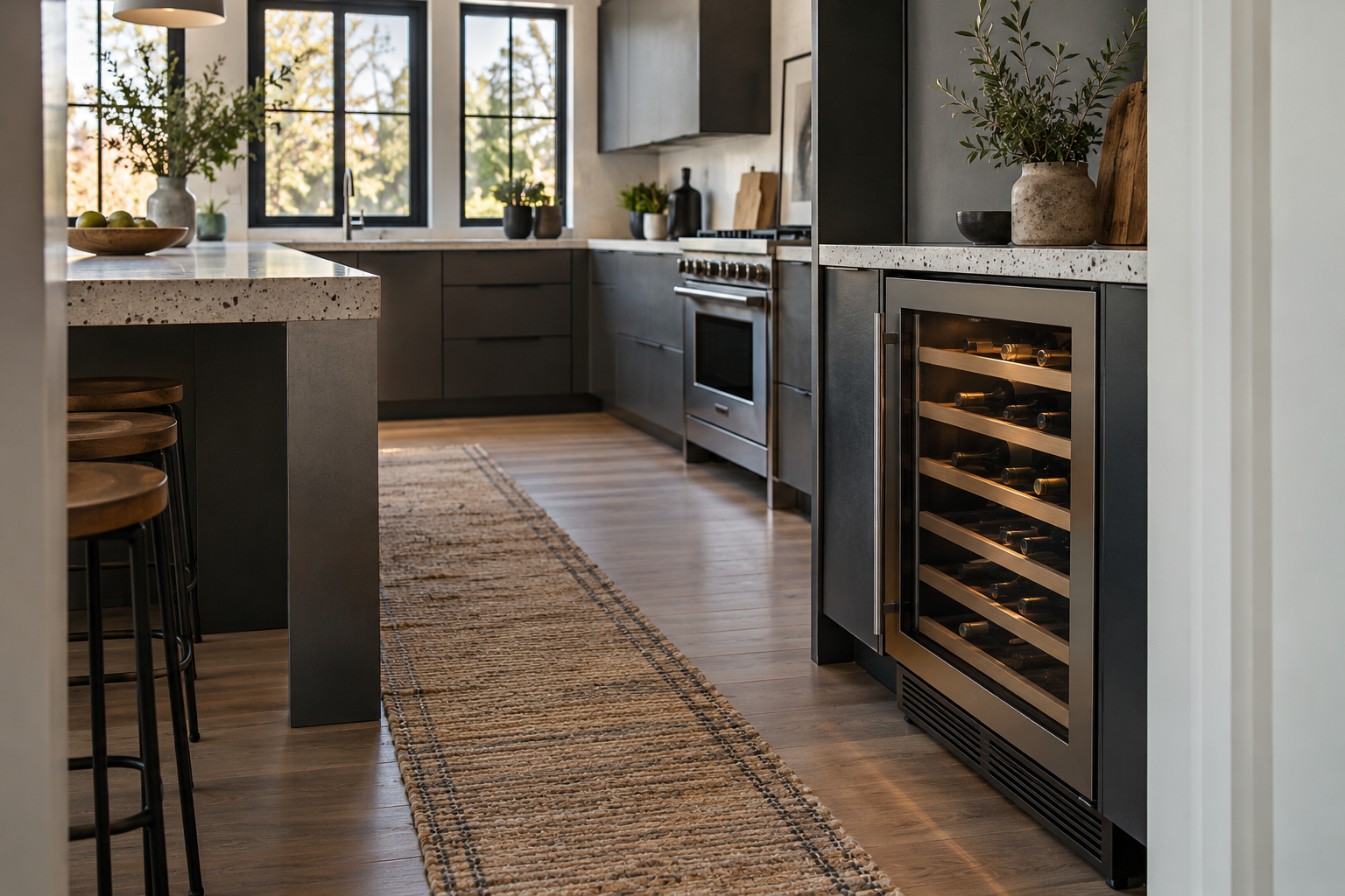 Illustrative Sub-Zero wine cooler in a residential kitchen — AI image for Sub-Zero Repair Riverside