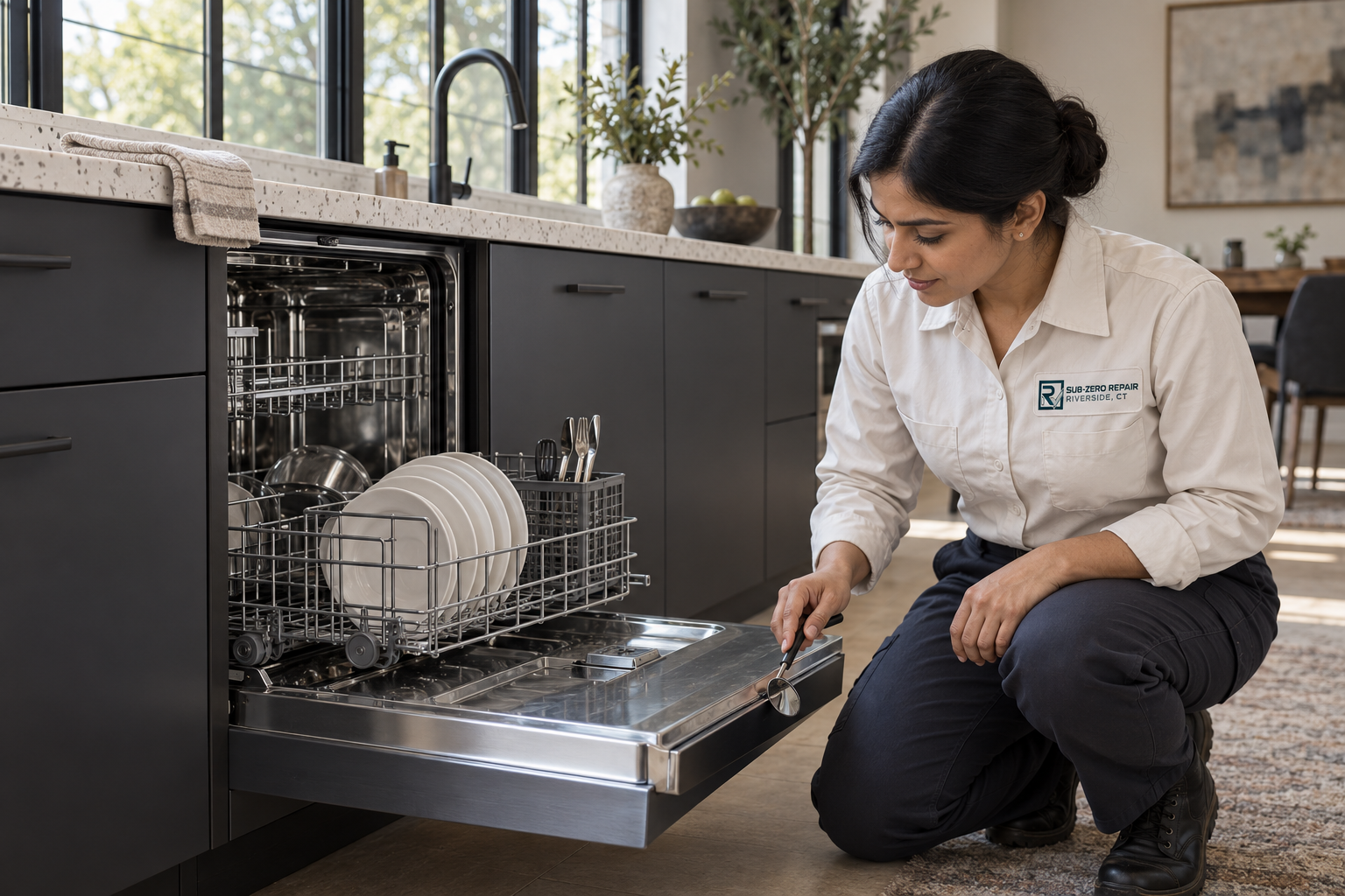 Fictional technician beside a Thermador dishwasher — AI illustration for Sub-Zero Repair Riverside